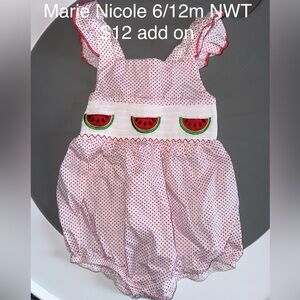 Marie Nicole Pink Machine Smocked Watermelon Romper, Ruffles, Polka Dot